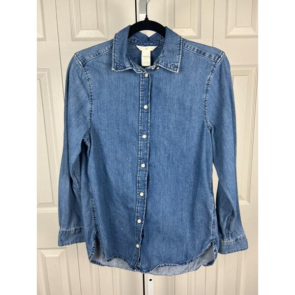 H&M Blue Medium Wash Denim Button Down Blouse Top Cotton XS X-Small - Picture 4 of 8